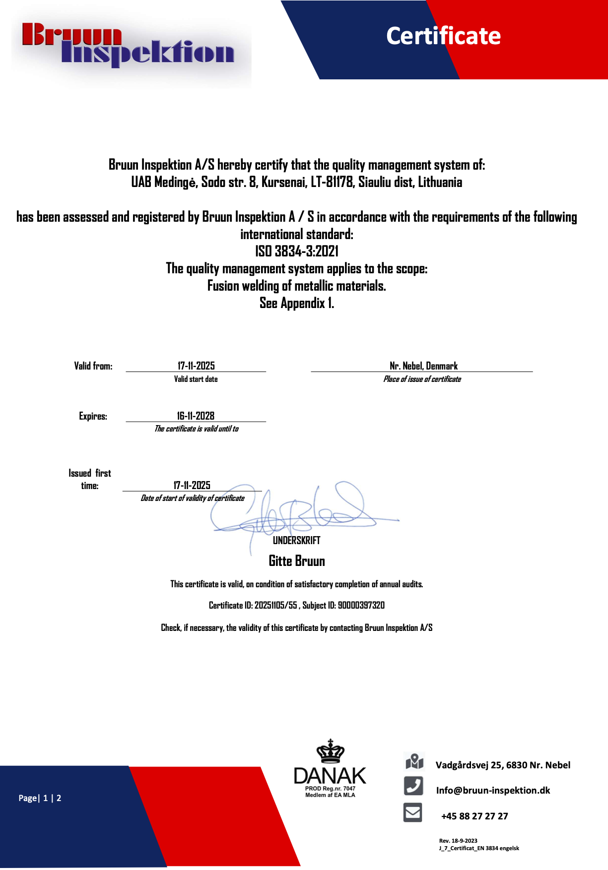 ISO 3834-3:2021 sertifikatas, puslapis 1